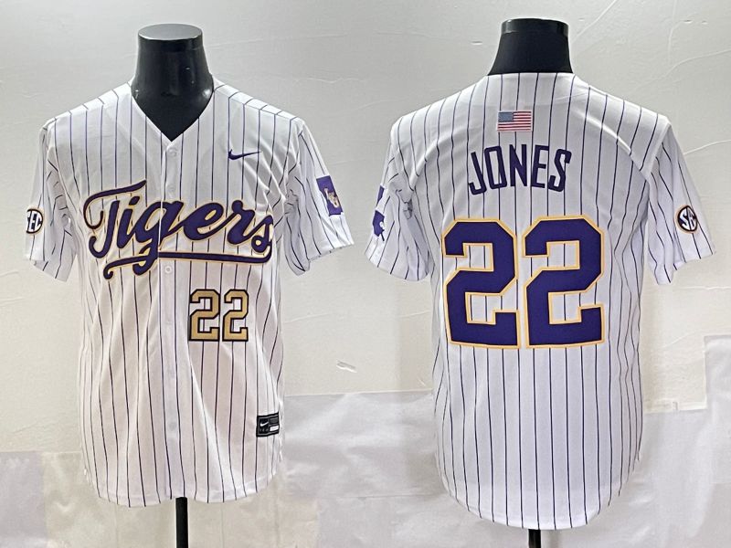 Men 2025 LSU Tigers #22 Jones White Stripe Nike Joint Name Nike NCAA Jersey style 5